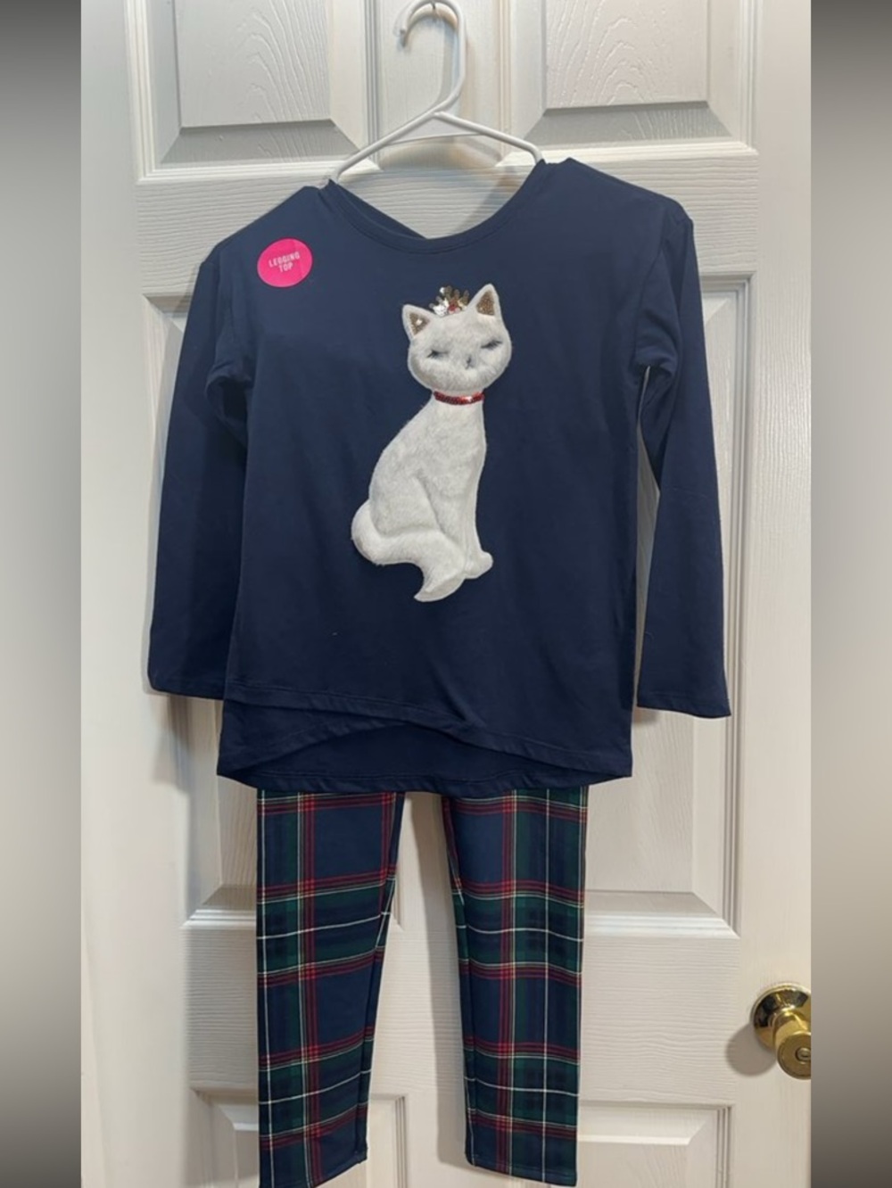 Place Navy Long-Sleeve Cat Set with Green Plaid Pants